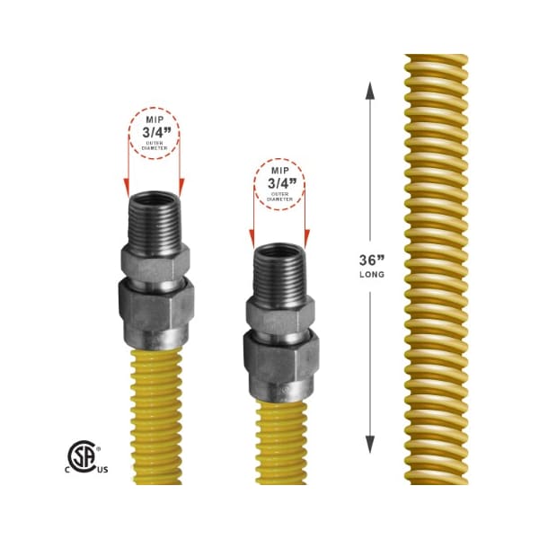 Gas Line Hose 5/8'' O.D.x18'' Len 3/4 MIP Fittings Yellow Coated Stainless Steel Flexible Connector